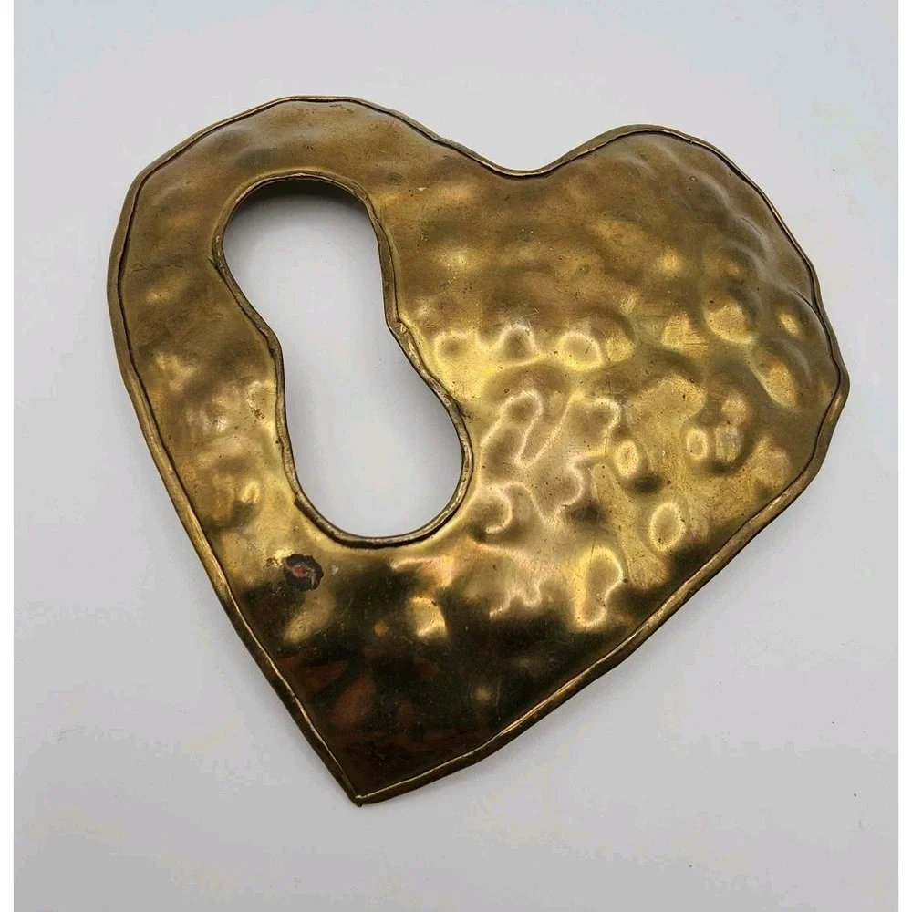 Vintage Artisan Hammered Brass Heart Scarf Clip Slide Brutalist Belt Buckle Pair
